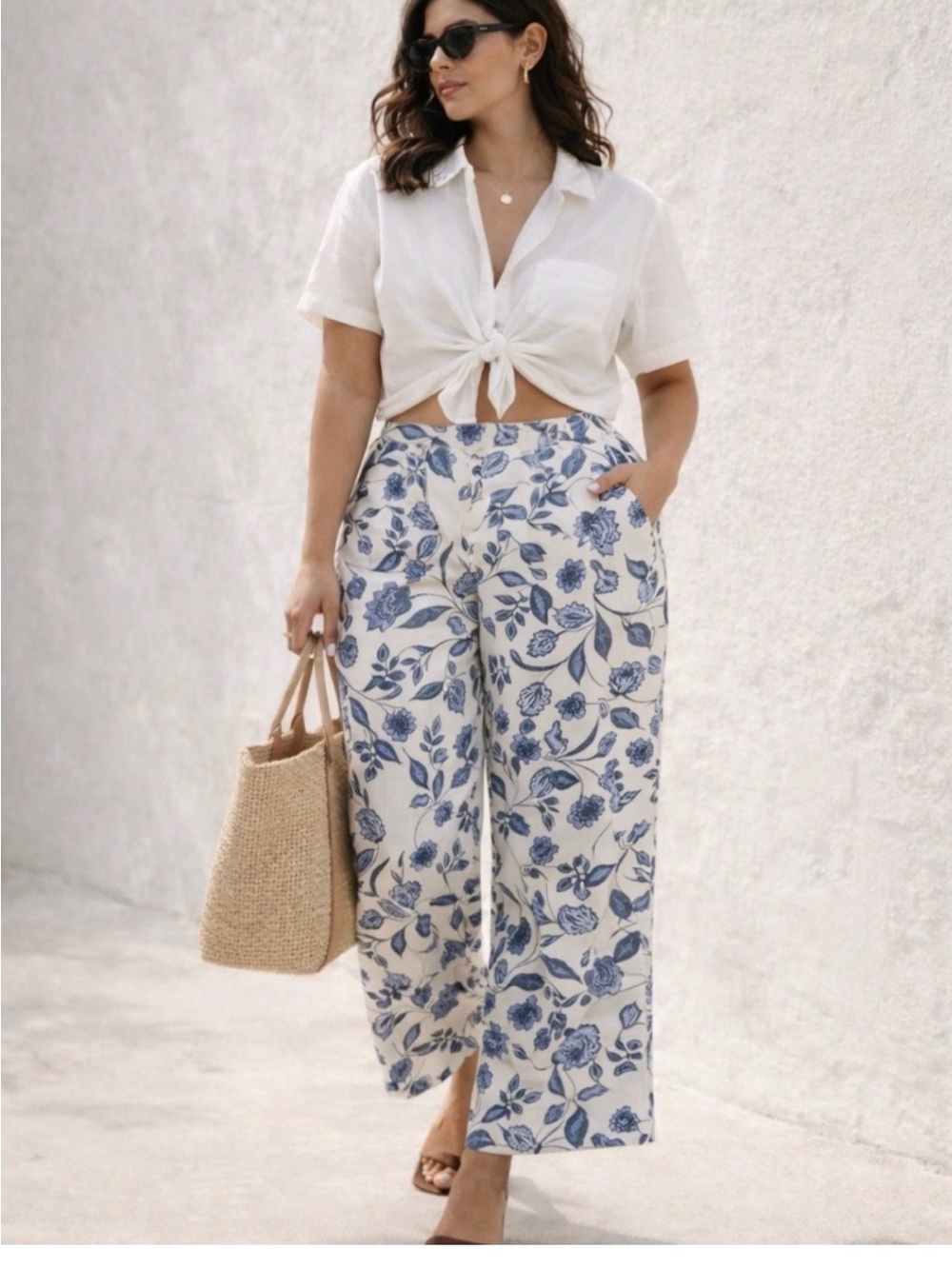 Ella Moss Linen White with Navy Floral Print Wide Leg Pants XXL